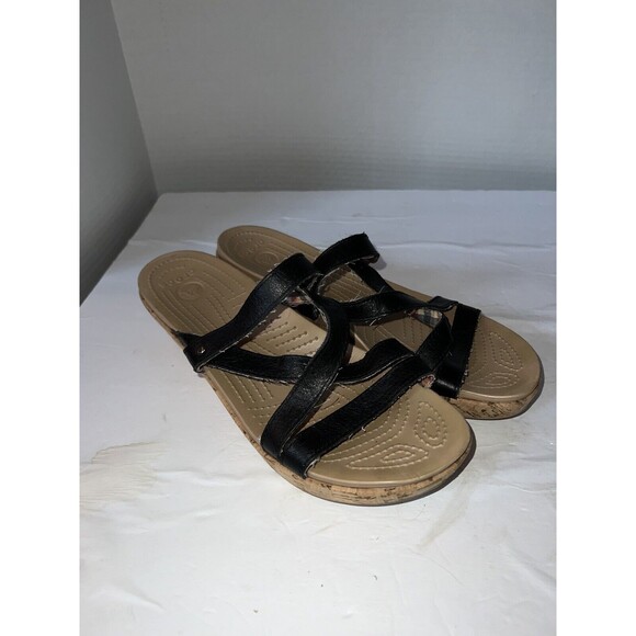 Crocs Sandals Womens size 10 Leigh Wedge Strappy Black Leather Cork open toe - Picture 9 of 9
